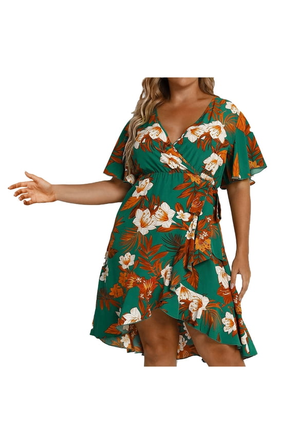 Plus Size Dresses for Women Casual Wrap Deep V Neck Dresses Tie Waist Floral Print Dress Ruffle Hem Flowy Dress Bohemain