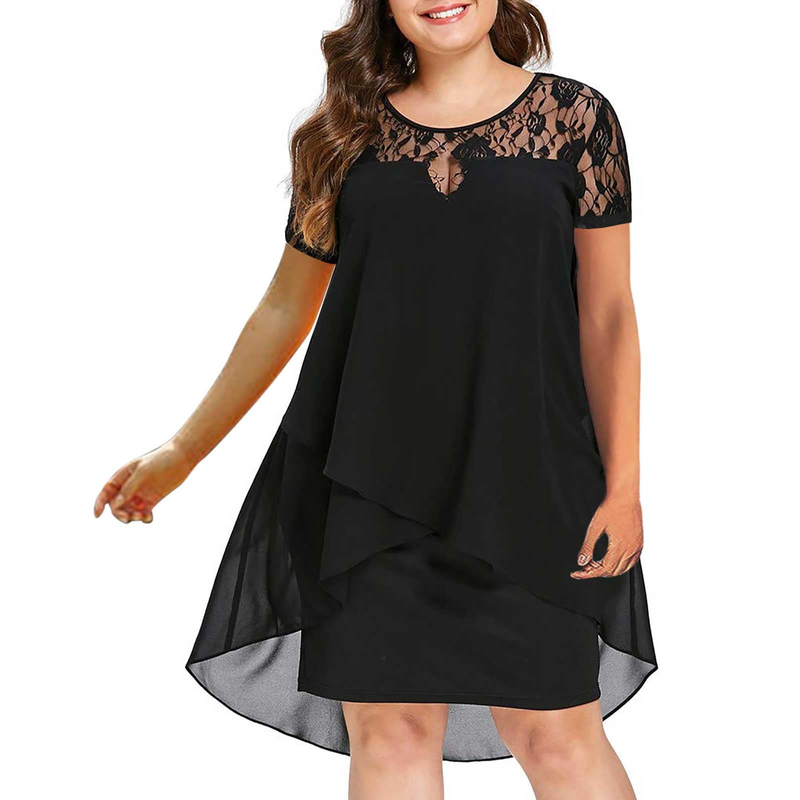 Plus Size Dresses for Women Floral Lace Short Sleeve Solid Elegant Party  Dress Loose Summer High Low Hem Crewneck Dress 