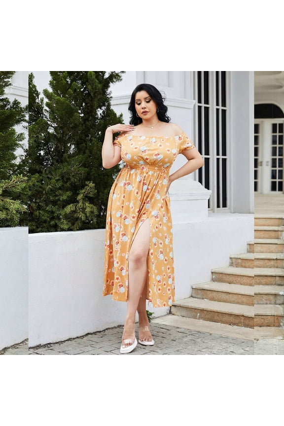 Plus Size Dresses for Women Maxi Short Sleeve Long Casual Dresses Pleated Swing,Floral Yellow 2XL