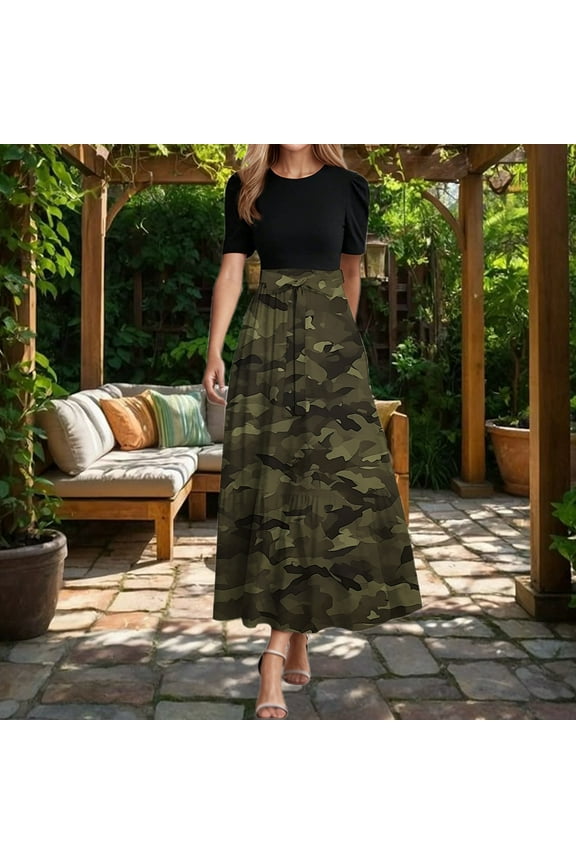 Plus Size Dresses for Women Short Sleeve Camo Print High Waist Elegant Dress Casual Spring Summer Womens Dresses Army Green S