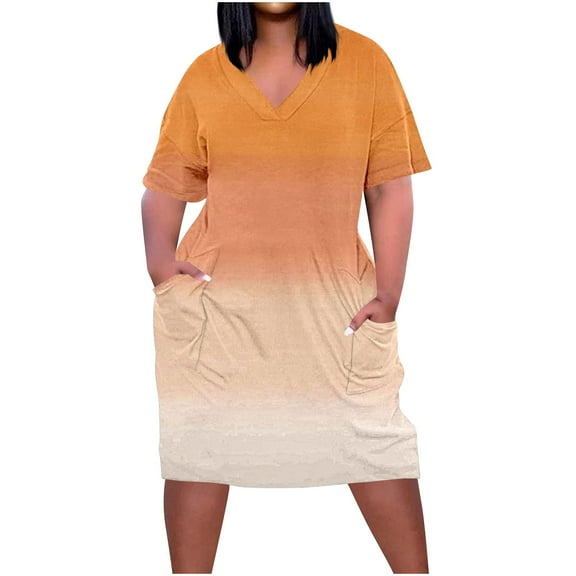 Plus Size Dresses for Women Summer Short Sleeve V Neck Versatile Style Dress Loose Casual Going Out Dress with Pockets