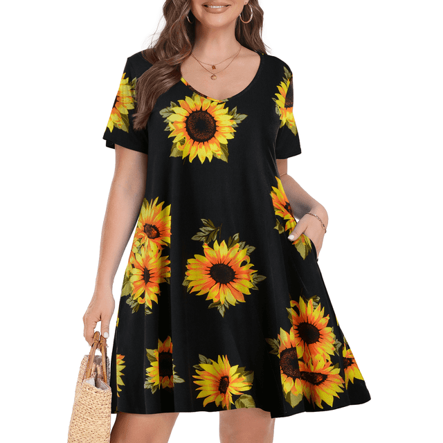 VEPKUL V Neck Short Sleeve Casual Swing T Shirt Dress with Pockets Plus Size Dresses for Women Flower35_2X