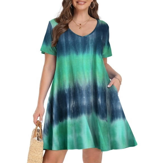 VEPKUL V Neck Short Sleeve Casual Swing T Shirt Dress with Pockets Plus Size Dresses for Women T05-Navy_1X