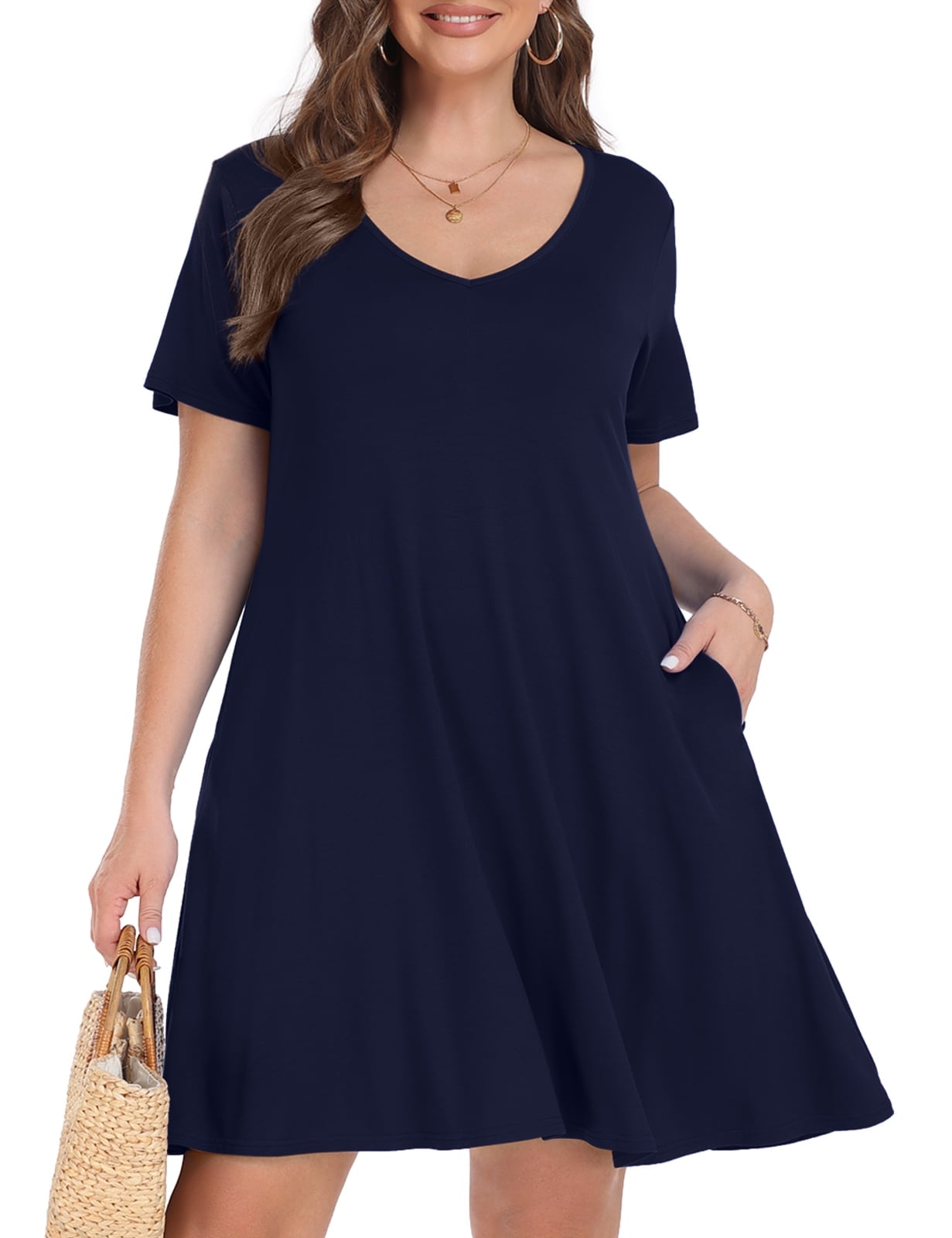 ZENNILO Women's Loose Fit Casual Swing T-Shirt Dress With Pockets - Navy Blue, Size M - View #9