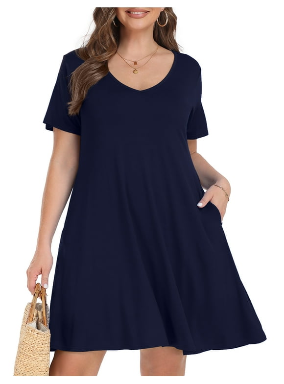 Plus Size Dresses for Women, VEPKUL V Neck T Shirt Dress 2024 Short Sleeve Casual Loose Swing Summer Dress with Pockets