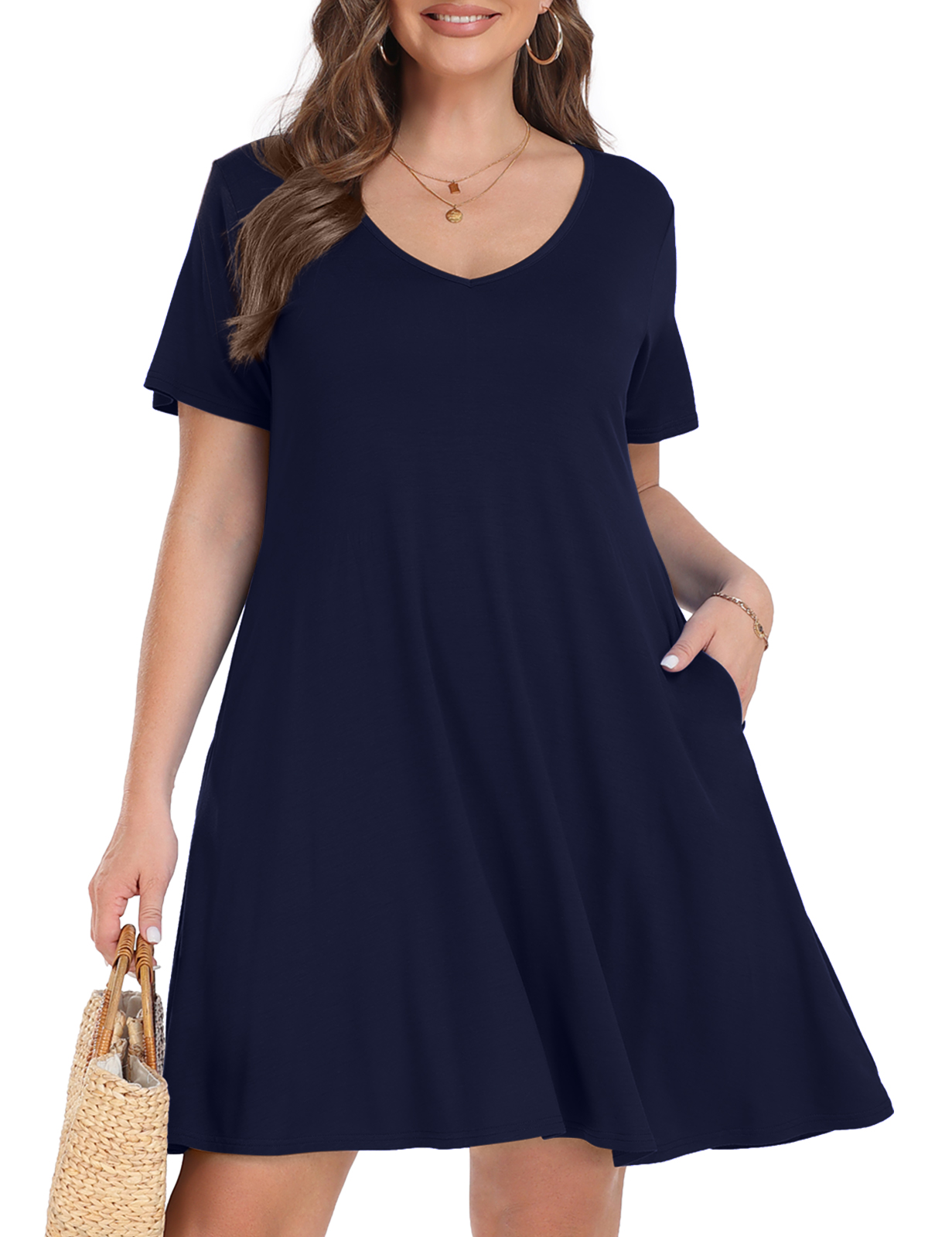 Plus Size Dresses for Women, VEPKUL V Neck T Shirt Dress 2024 Short Sleeve Casual Loose Swing Summer Dress with Pockets - image 1 of 9