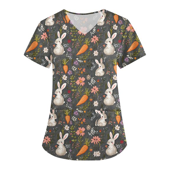 Plus Size Easter Scrub Tops Women Fun Prints V-Neck Short Sleeve Top Nurse Uniform with Pock Navy XXXL