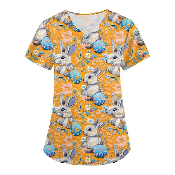 Plus Size Easter Scrub Tops Women Fun Prints V-Neck Short Sleeve Top Nurse Uniform with Pock Orange L