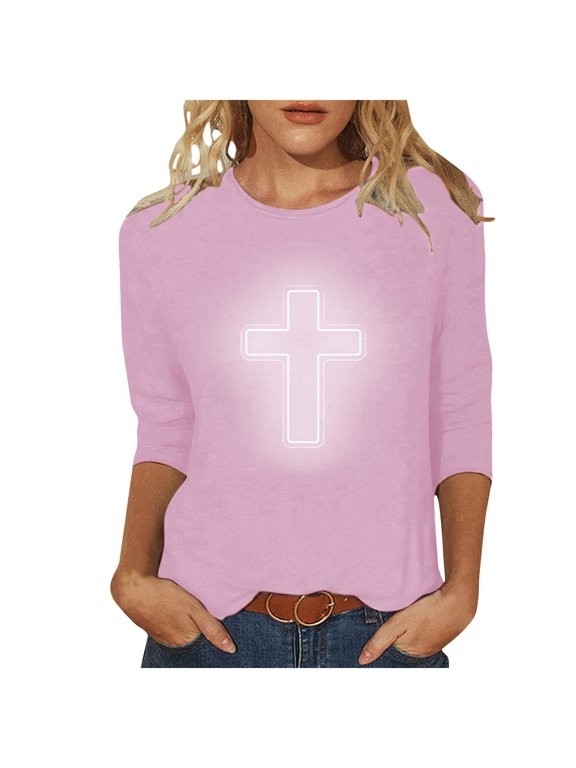 Plus Size Easter Shirt for Women 3/4 Sleeve Round Neck Tees Casual Loose Tunic Tops Funny Cross Graphic Pullover