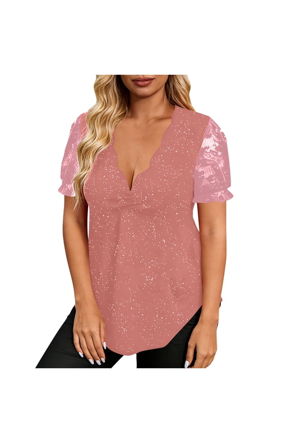 Plus Size Easter Women's Shirts Highlighted Glitter V-Neck Tunic Tops Casual Short Sleeve Lace Wavy T-Shirt