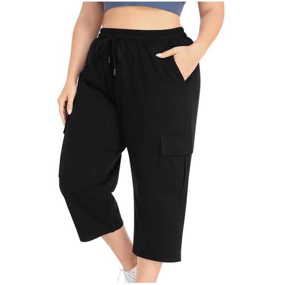 Plus Size Elastic Waist Capris - Drawstring Pocket Pants for Casual & Outdoor