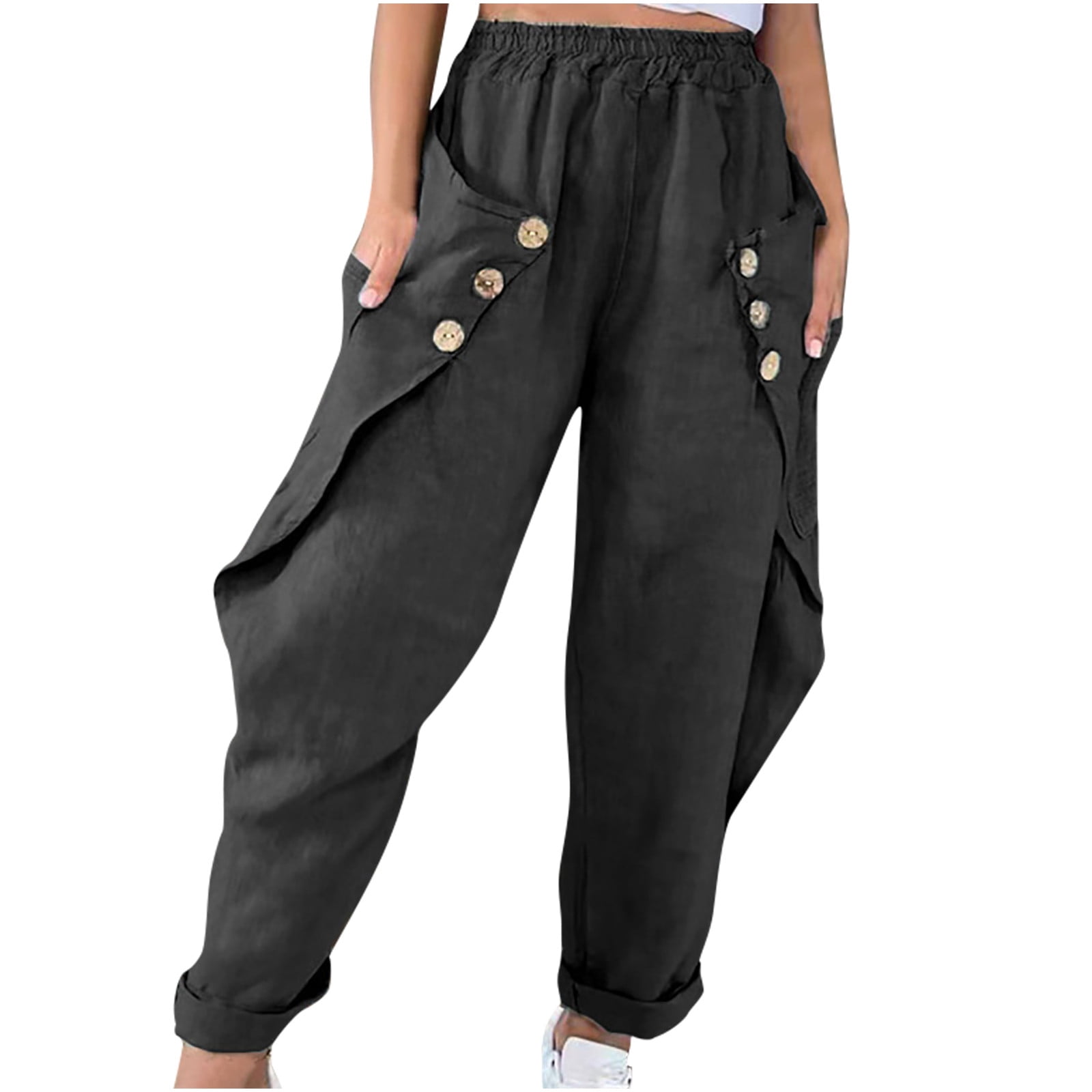 Plus Size Elastic Waist Tapered Pants with Button Bat Pocket for Women  Winter Solid Color Breathable Casual Capri Trousers 