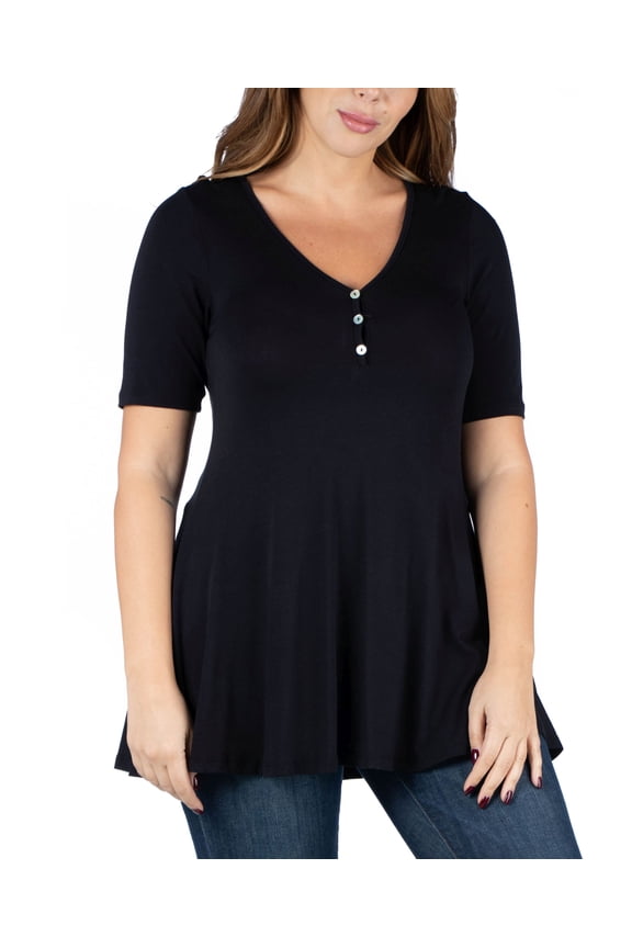 Plus Size Elbow Sleeve Henley Tunic Top Black 2X