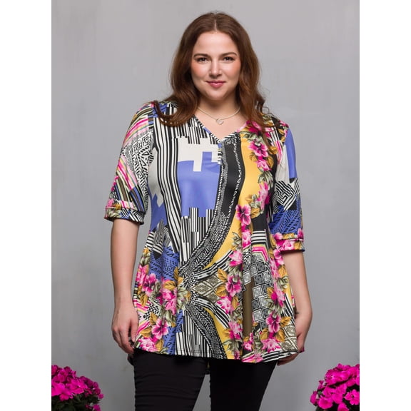 Plus Size Elbow Sleeve Henley Tunic Top