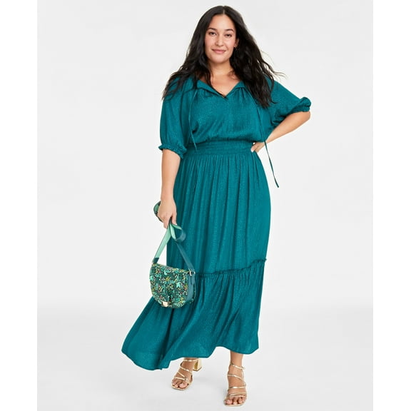 Plus Size Elbow-Sleeve Tiered Maxi Dress Dark Forest 3X
