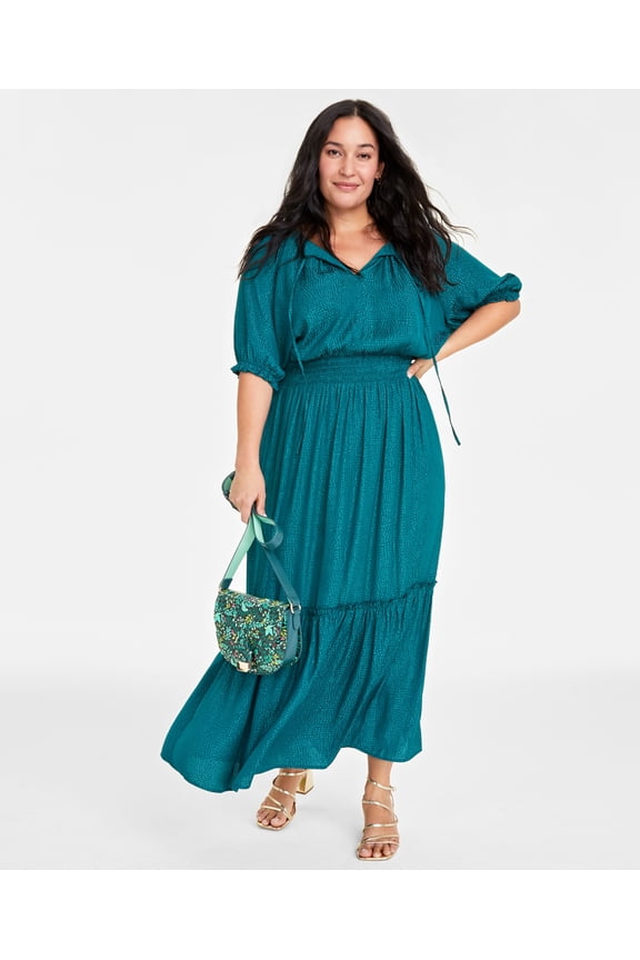 Plus Size Elbow-Sleeve Tiered Maxi Dress Dark Forest 3X