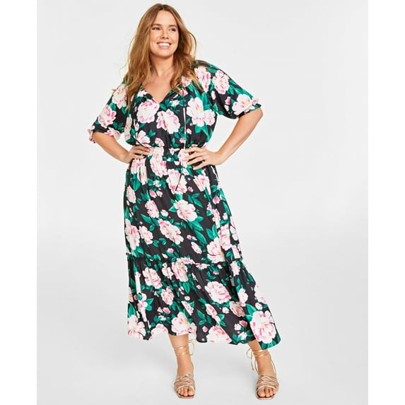 Plus Size Elbow-Sleeve Tiered Maxi Dress Deep Black Combo 1X