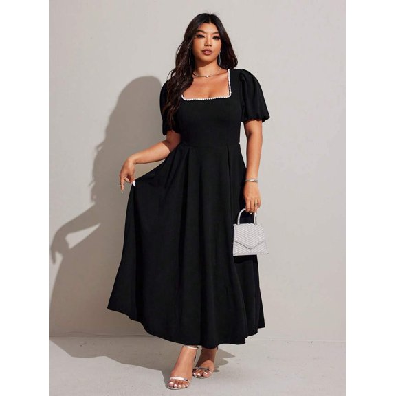 Plus Size Elegant Black Square Neck Puff Sleeve Dress with Faux Pearl