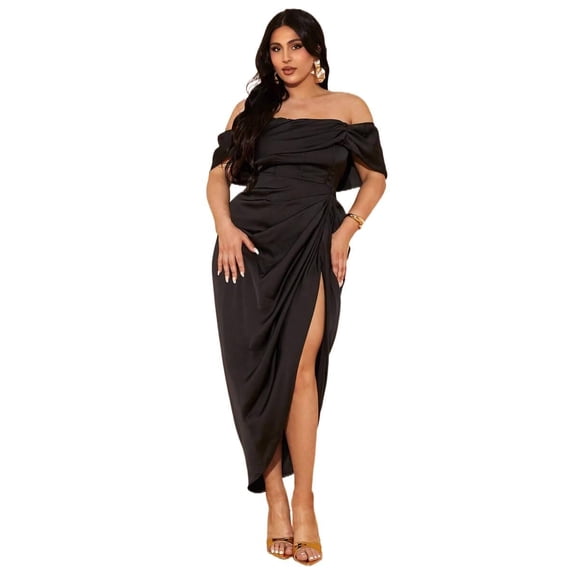 Plus Size Elegant Draped Midi Dress for Women, Formal Cocktail Dress for Wedding & Special Occasions Women’s Plus Size Draped Midi Dress, Elegant Formal Dress for Wedding Guest, Bridesmaid