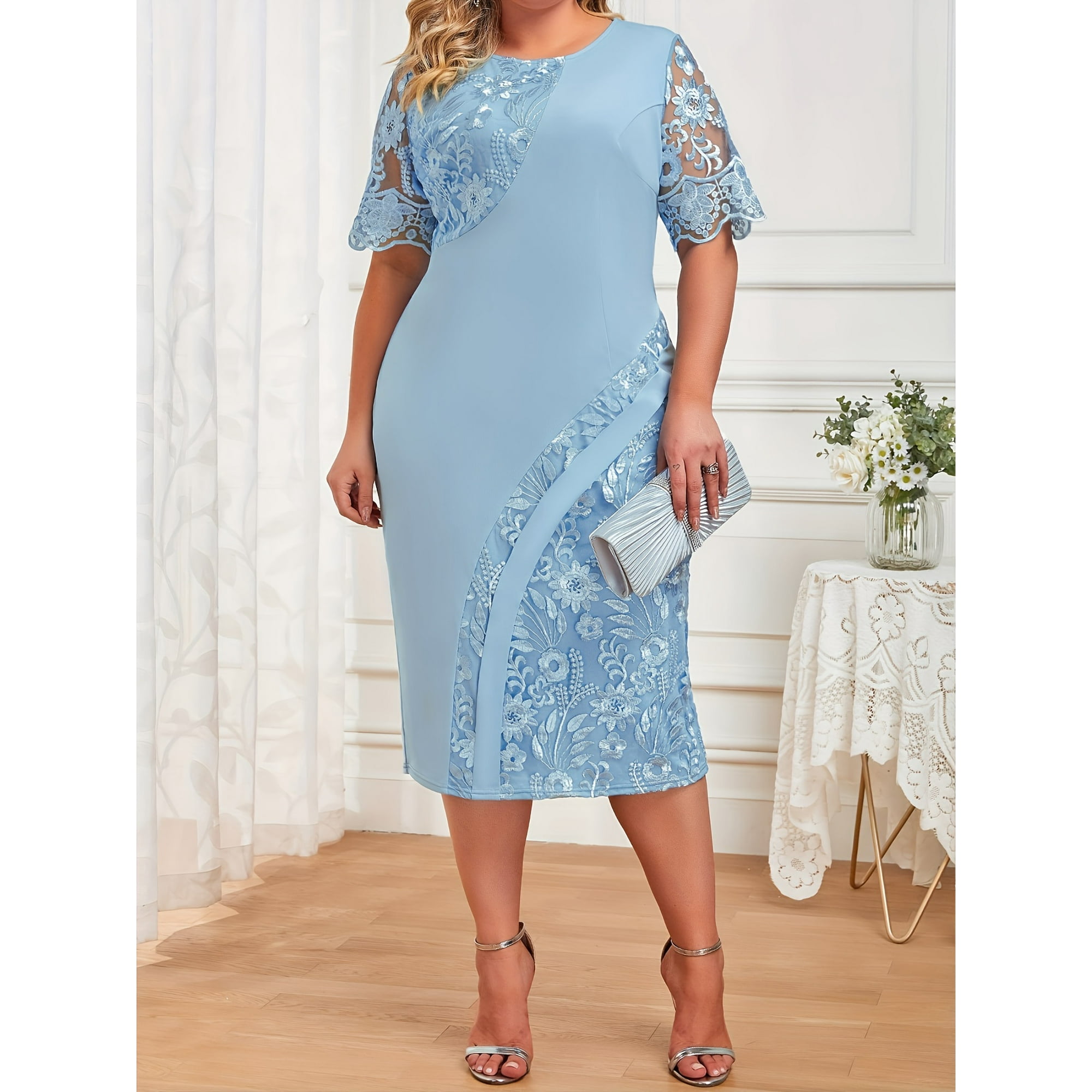 Plus Size Elegant Dress, Women's Plus Solid Contrast Lace Short Sleeve Round Neck Slim Fit Wedding Party Dress