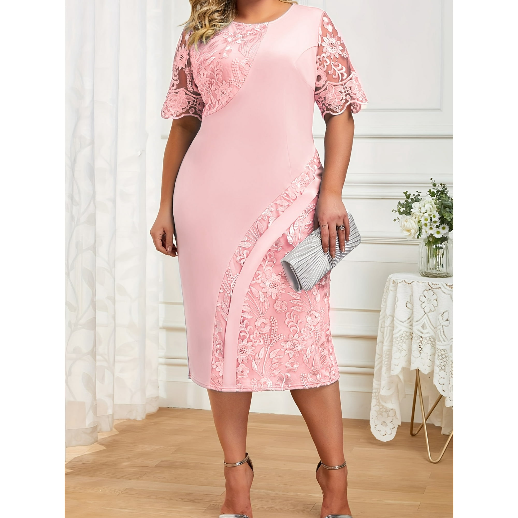 Plus Size Elegant Dress, Women's Plus Solid Contrast Lace Short Sleeve Round Neck Slim Fit Wedding Party Dress
