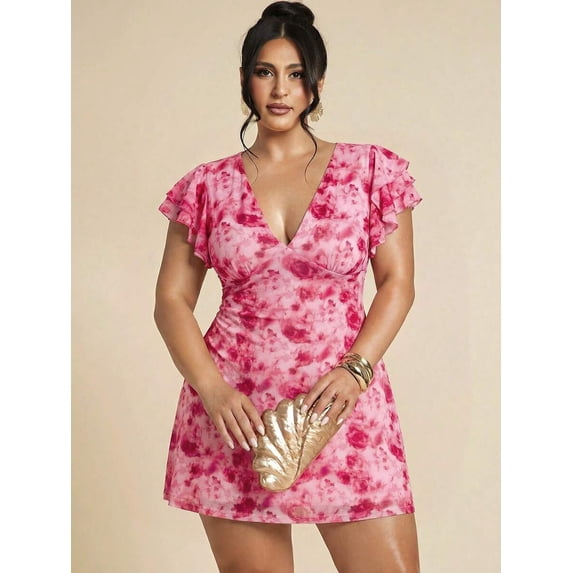 Plus Size Elegant Floral Mesh Printed Tight Fitted Deep V-Neck Mini Dress