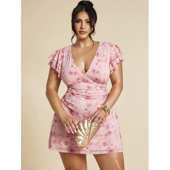 Plus Size Elegant Floral Mesh Printed Tight Fitted Deep V-Neck Mini Dress