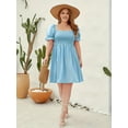 thumbnail image 1 of Plus-Size Elegant Light Blue Midi Dress for Women - Square Neckline with Puffy Sleeves, Perfect for Spring & Summer Casual Wear, Machine Washable, Polyester, Plus Size Casual Dress, 1 of 5