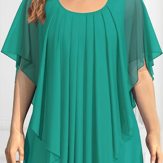 Plus Size Elegant Top Women's Plus Solid Layered Mesh Butterfly Sleeve Round Neck Shirt Top