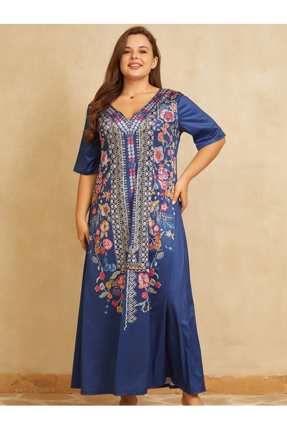 Plus Size Elegant V Neck Tunic Dress - Medium Stretch Polyester, Random Floral Print, Machine Washable, Short Sleeve, Maxi Style for All Seasons - Comfortable and Chic Boho Fashion