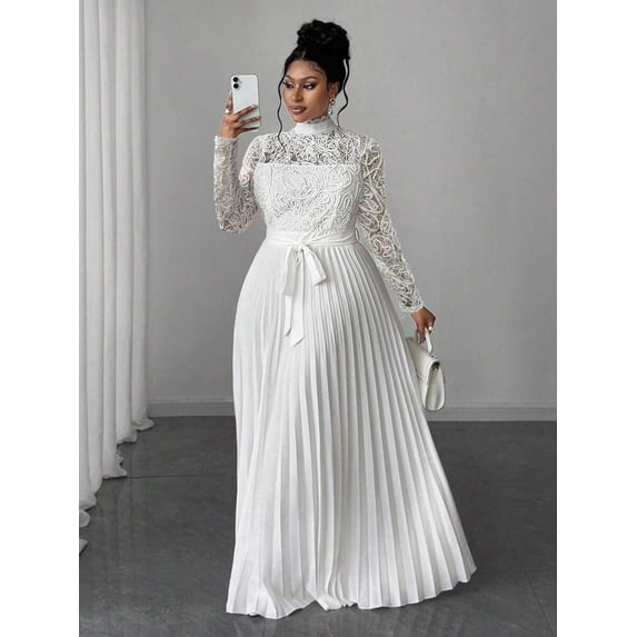 Plus Size Elegant White Lace Bodice Pleated Waist Tie Long Dress