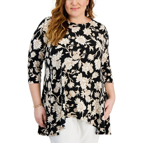 Plus Size Elena 3/4-Sleeve Swing Top Deep Black Combo 1X