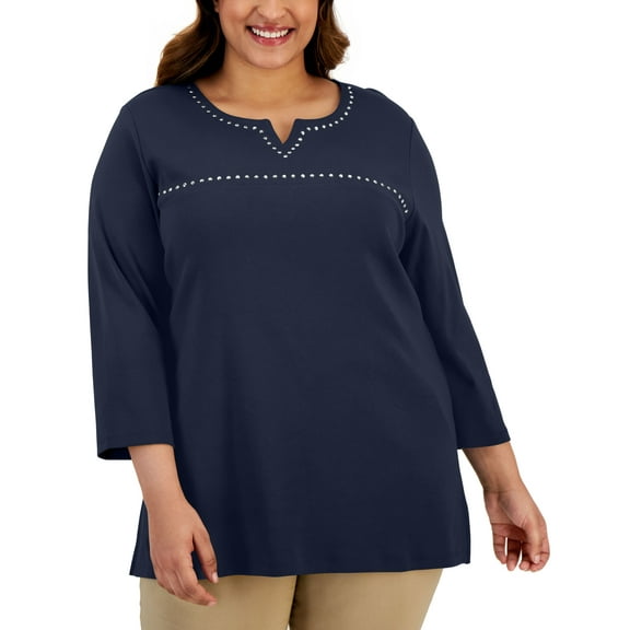 Plus Size Embellished Cotton Tunic Intrepid Blue 1X