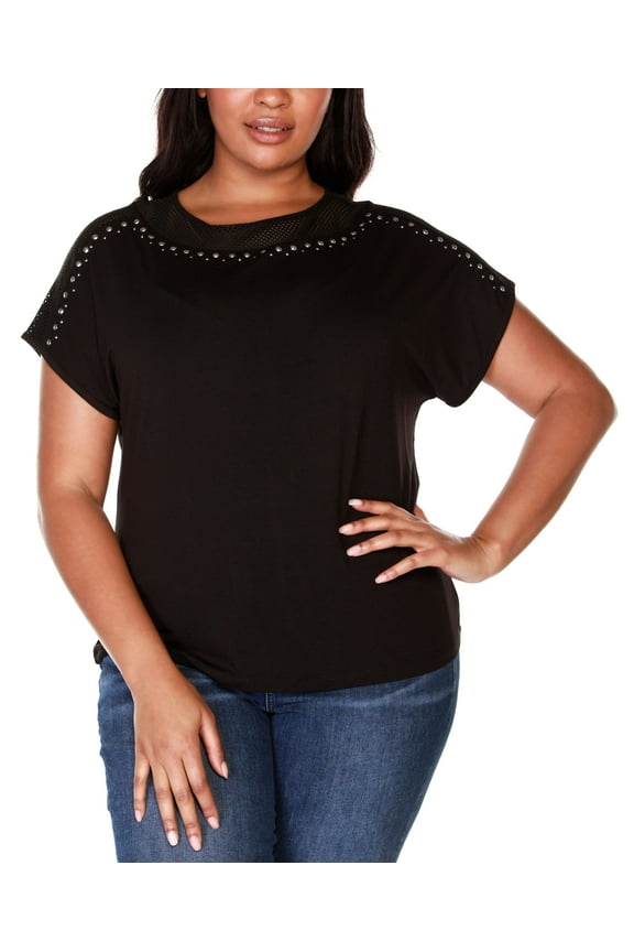 Plus Size Embellished Mesh Inset Top Black 2X