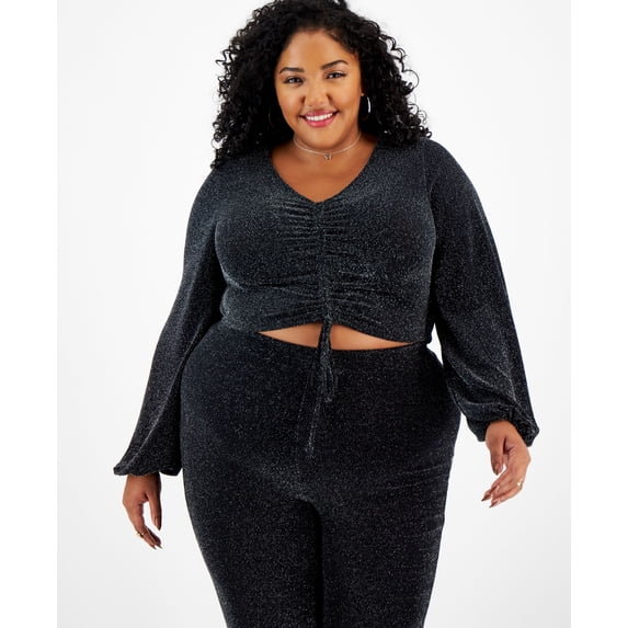Plus Size Embellished V-Neck Drawstring Crop Top Deep Black 0X