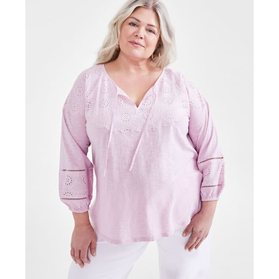 Plus Size Embroidered Eyelet-Trim Top Lilac Floral 2X
