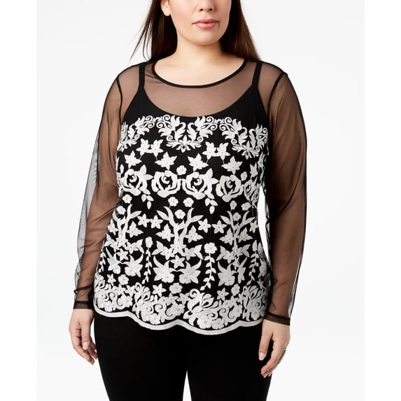 Plus Size Embroidered Illusion Top Deep Black 1X