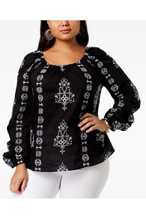 Plus Size Embroidered Peasant Top Black S
