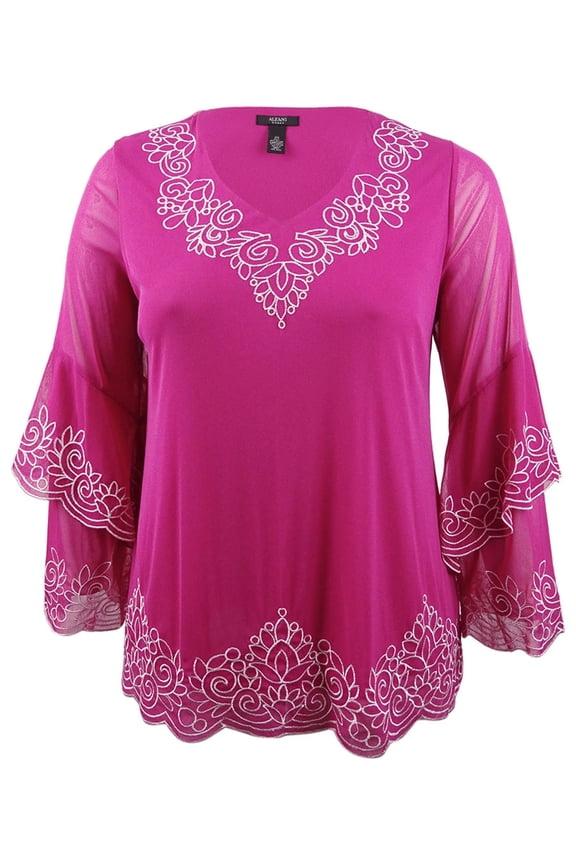 Plus Size Embroidered Spiral-Sleeve Top Red Modern Berry 0X