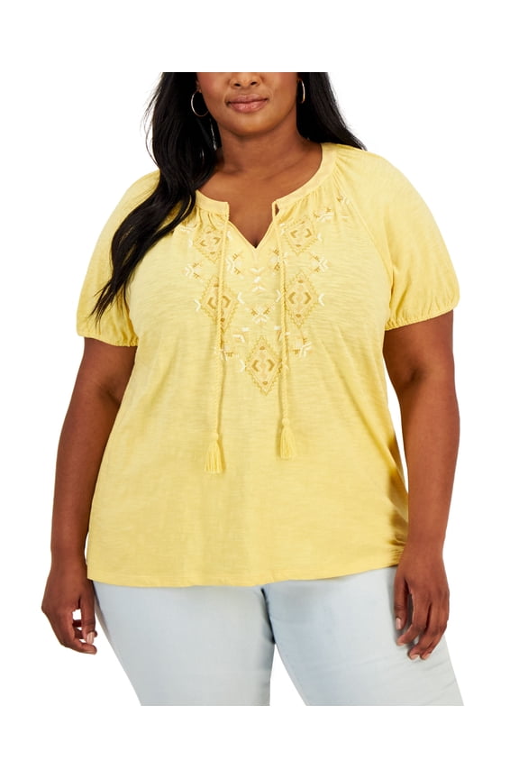 Plus Size Embroidered Split Neck Top Mellow Sun 3X