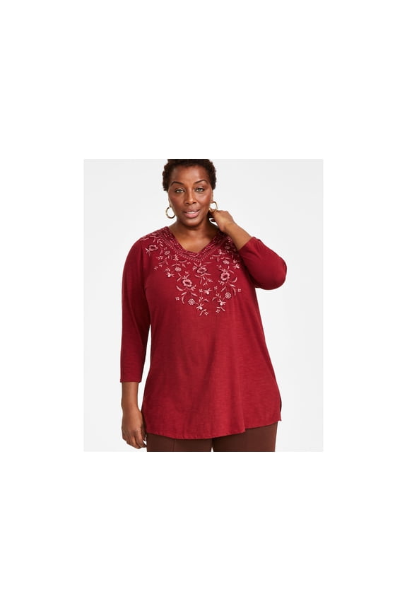 Plus Size Embroidered V-Neck Knit Tunic Top Scarlet Crush 2X