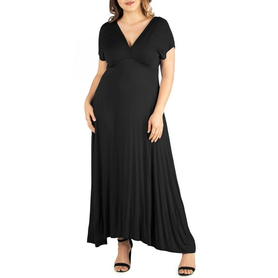 Plus Size Empire Waist V-neck Maxi Dress Black 1X