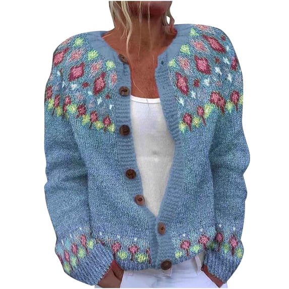 Plus Size Ethnic Sweater for Women Long Sleeve Button Front Cardigans Crew Neck Casual Fall Jacket Knitwear Light Blue, M