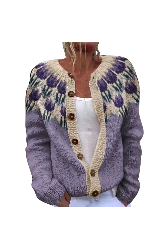 Plus Size Ethnic Sweater for Women Long Sleeve Button Front Cardigans Crew Neck Casual Fall Jacket Knitwear Purple, XL