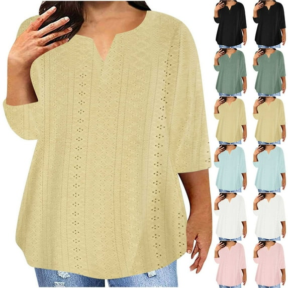 Plus Size Eyelet Tops for Women Casual 3/4 Sleeve Solid Color Henley Shirts 2024 Womens Notch V Neck Emboridery Summer Blouses,Yellow,Large