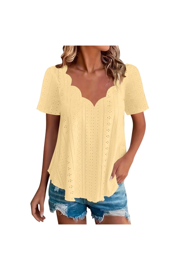 Plus Size Eyelet Tops for Womens Short Sleeve Scalloped V Neck Shirts Summer Loose Breathable Fashion Blouses Plus Size Summer Shirt