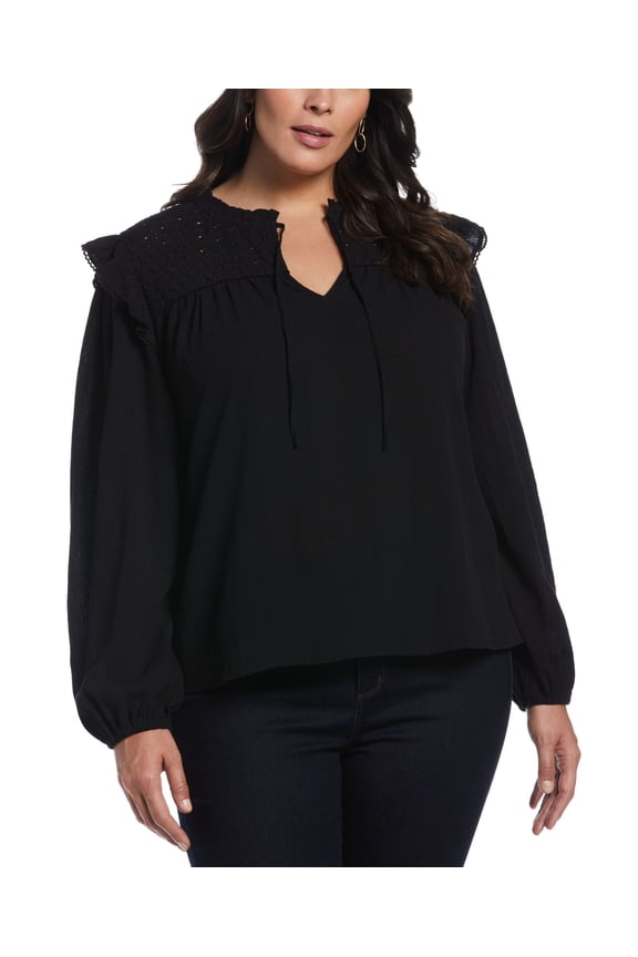 Plus Size Eyelet Yoke Ruffle Gauze Long Sleeve Blouse Black 1X