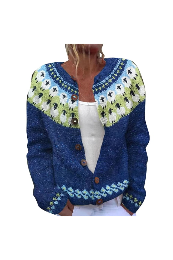 Plus Size Fair Isle Sweater Women Fall Winter Knit Cardigan Sweaters Vintage Boho Ladies Pullover Tops Blue, XL