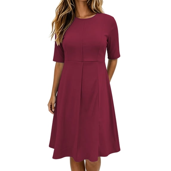Plus Size Fall Dress Women's Crewneck Midi Dress Solid Color Mid Sleeve ...