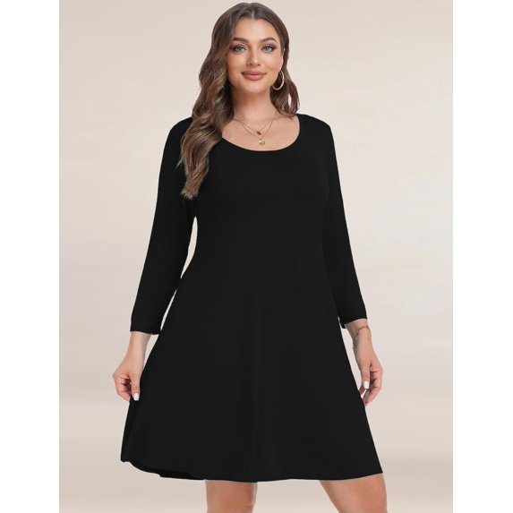 Plus Size Fall Dress for Women - 3/4 Sleeve Casual Loose Fit Swing T-Shirt Dress with Pockets | Comfy and Stylish
